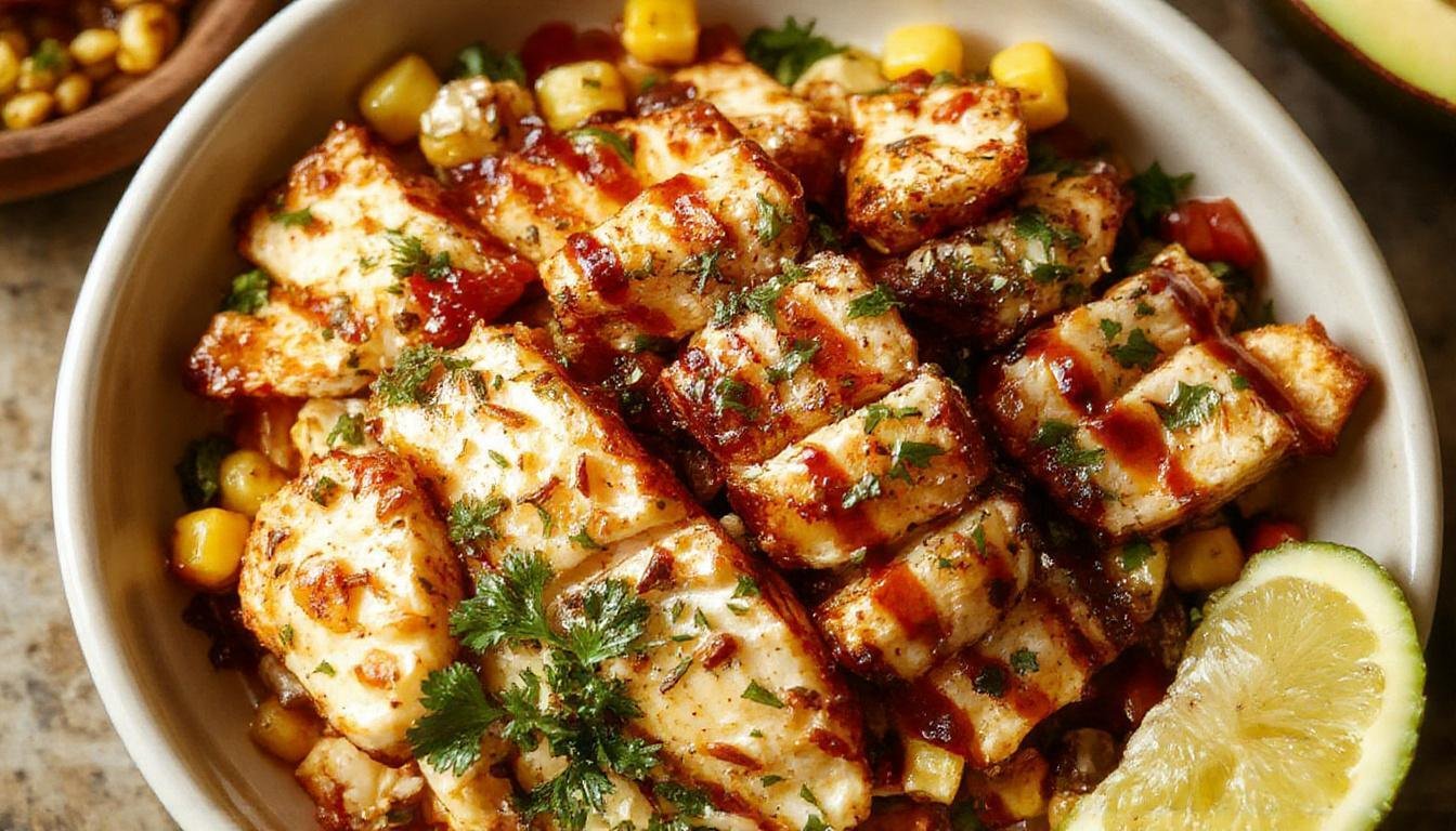 A vibrant bowl featuring grilled chicken pieces topped with colorful Mexican street corn, fresh cilantro, crumbled cheese, and a drizzle of creamy sauce. The bowl is garnished with lime wedges and served on a rustic wooden surface, showcasing a variety of textures and bright colors.