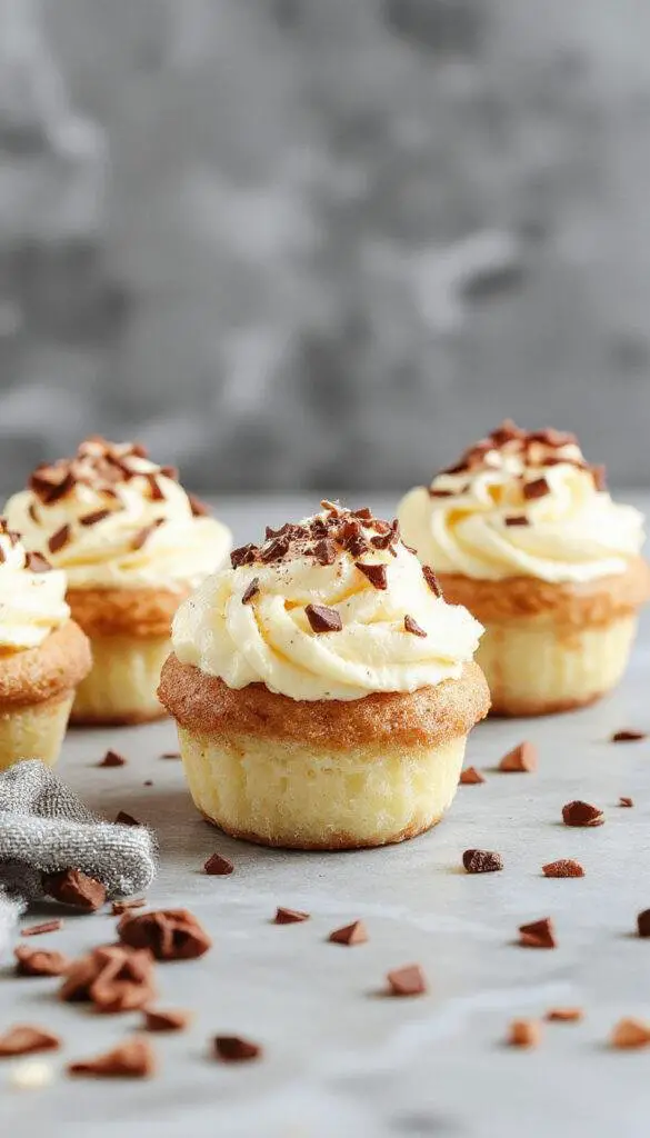 A batch of fluffy Japanese Cotton Cheesecake cupcakes displayed on a white plate, showcasing their delicate, airy texture with a golden-brown top. The cupcakes are topped with a dusting of powdered sugar, and their soft, cloud-like interior is slightly visible through a cut-open slice. The background is softly blurred, emphasizing the lightness and elegance of the desserts.