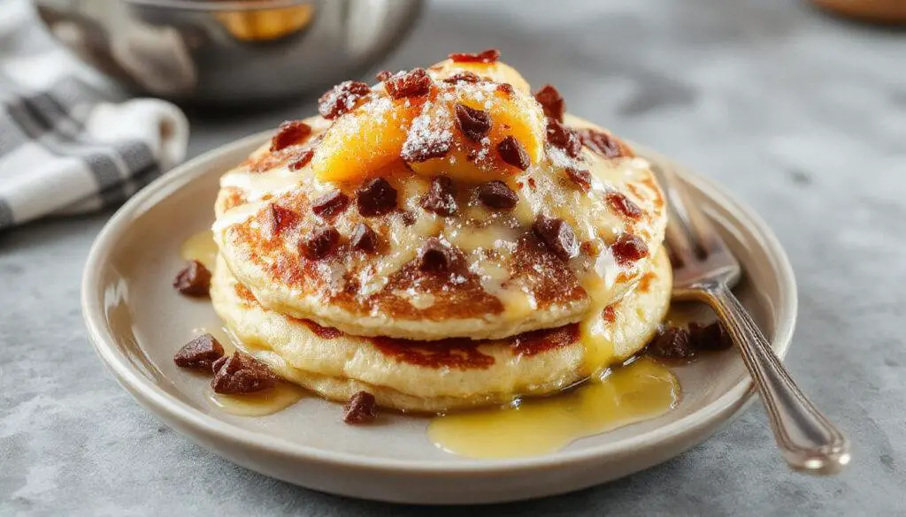 A stack of golden-brown peach cobbler pancakes topped with fresh peach slices and a drizzle of syrup, garnished with powdered sugar and mint leaves, presented on a white plate with a rustic wooden table background.