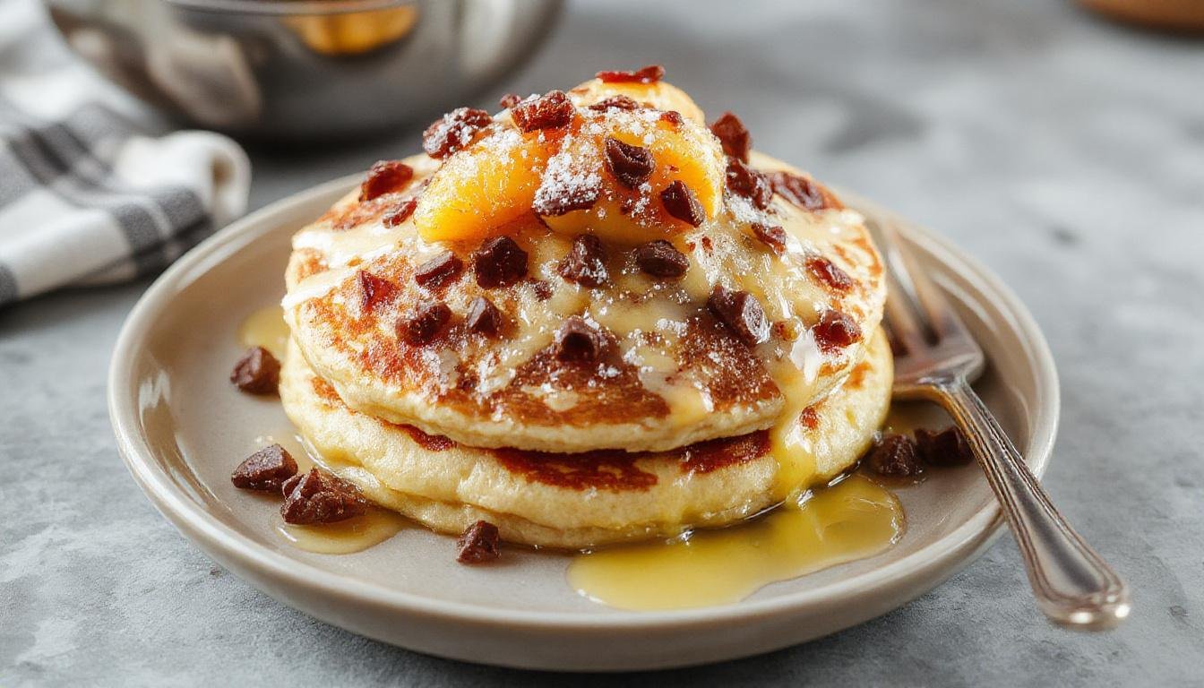 A stack of golden-brown peach cobbler pancakes topped with fresh peach slices and a drizzle of syrup, garnished with powdered sugar and mint leaves, presented on a white plate with a rustic wooden table background.