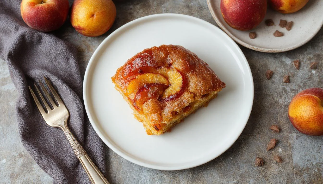 A vibrant peach upside-down cake featuring golden caramelized peach slices arranged elegantly on top, with a light, fluffy cake base visible around the edges. The cake is plated on a rustic wooden surface, with a few slices cut to reveal the juicy peach filling inside. The glossy caramel glaze enhances the warm, inviting appearance, and fresh peach slices are visible both on top and in the serving slices.