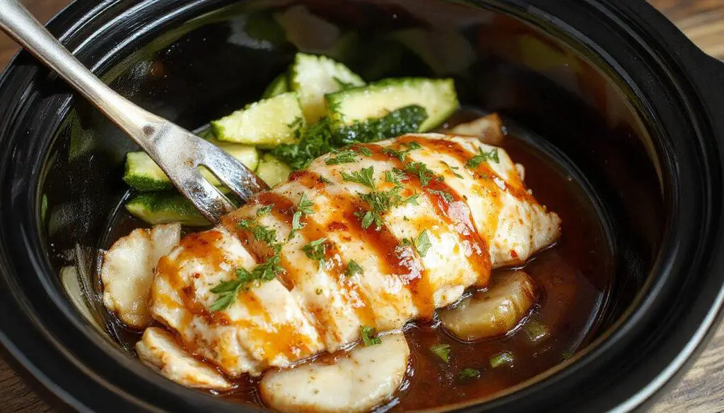 A rustic white bowl filled with tender, glazed honey garlic chicken pieces topped with a sprig of fresh herbs. The chicken has a glossy, caramelized exterior with visible garlic slices and a hint of sesame seeds. The bowl rests on a wooden surface with a spoon nearby, and a small dish of extra honey and garlic cloves are in the background. The presentation is inviting, emphasizing the juicy, flavorful chicken.