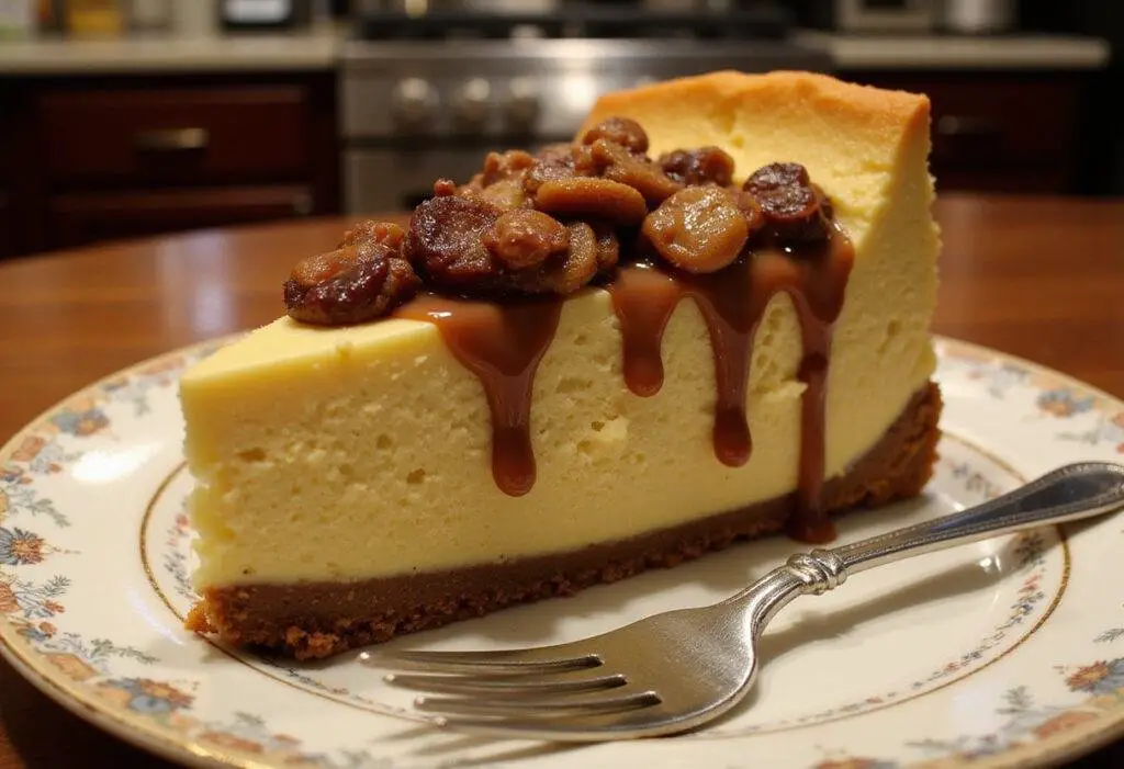 Delicious slice of Forbidden Forest Dark Butterbeer Cheesecake served on a plate, highlighting its layers and toppings.