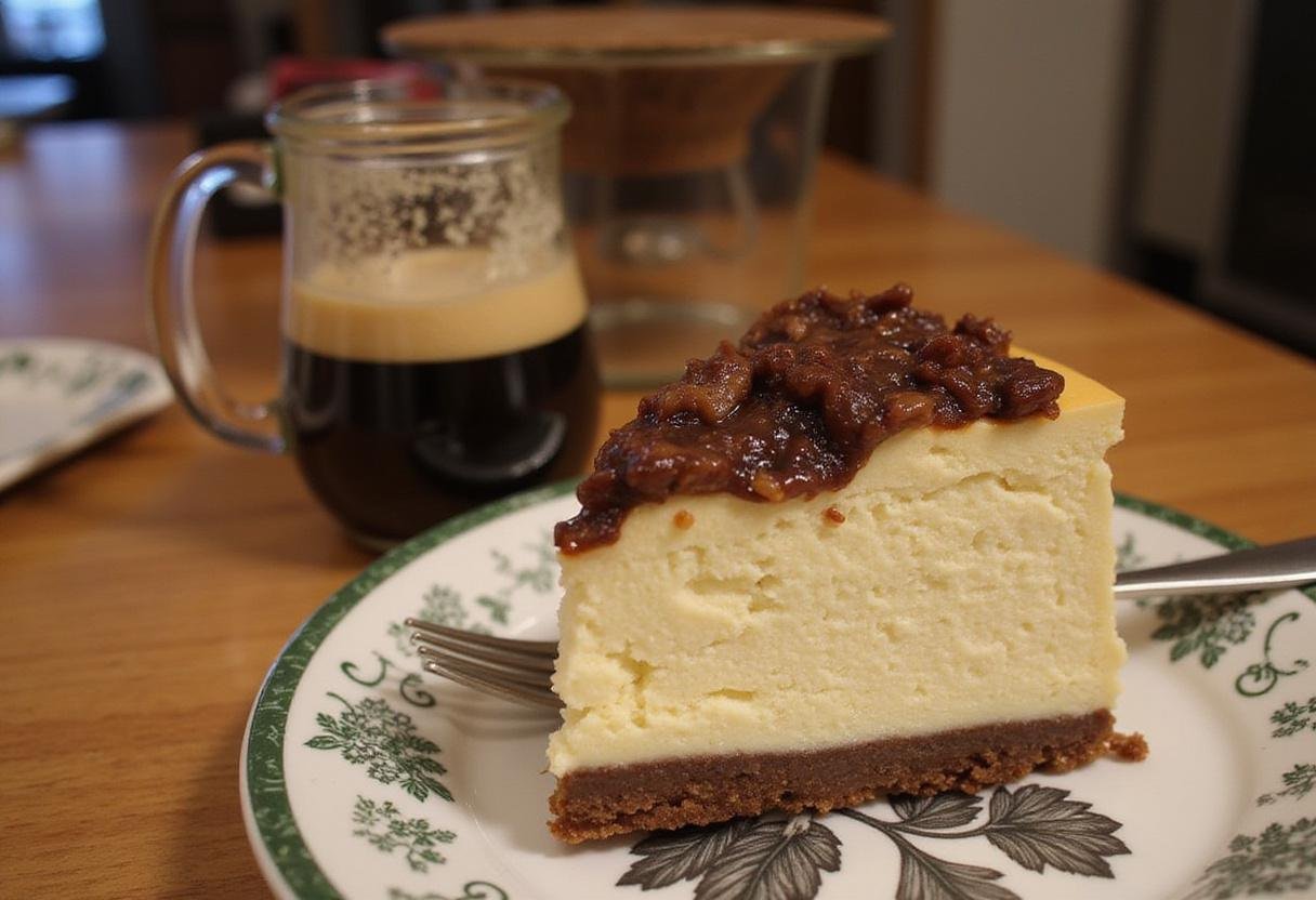 Delicious slice of Forbidden Forest Dark Butterbeer Cheesecake served on a plate, highlighting its layers and toppings.