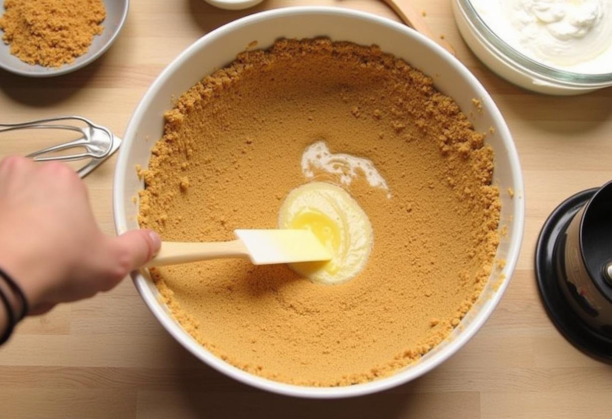 Making the crust for Forbidden Forest Dark Butterbeer Cheesecake using crushed graham crackers and melted butter.