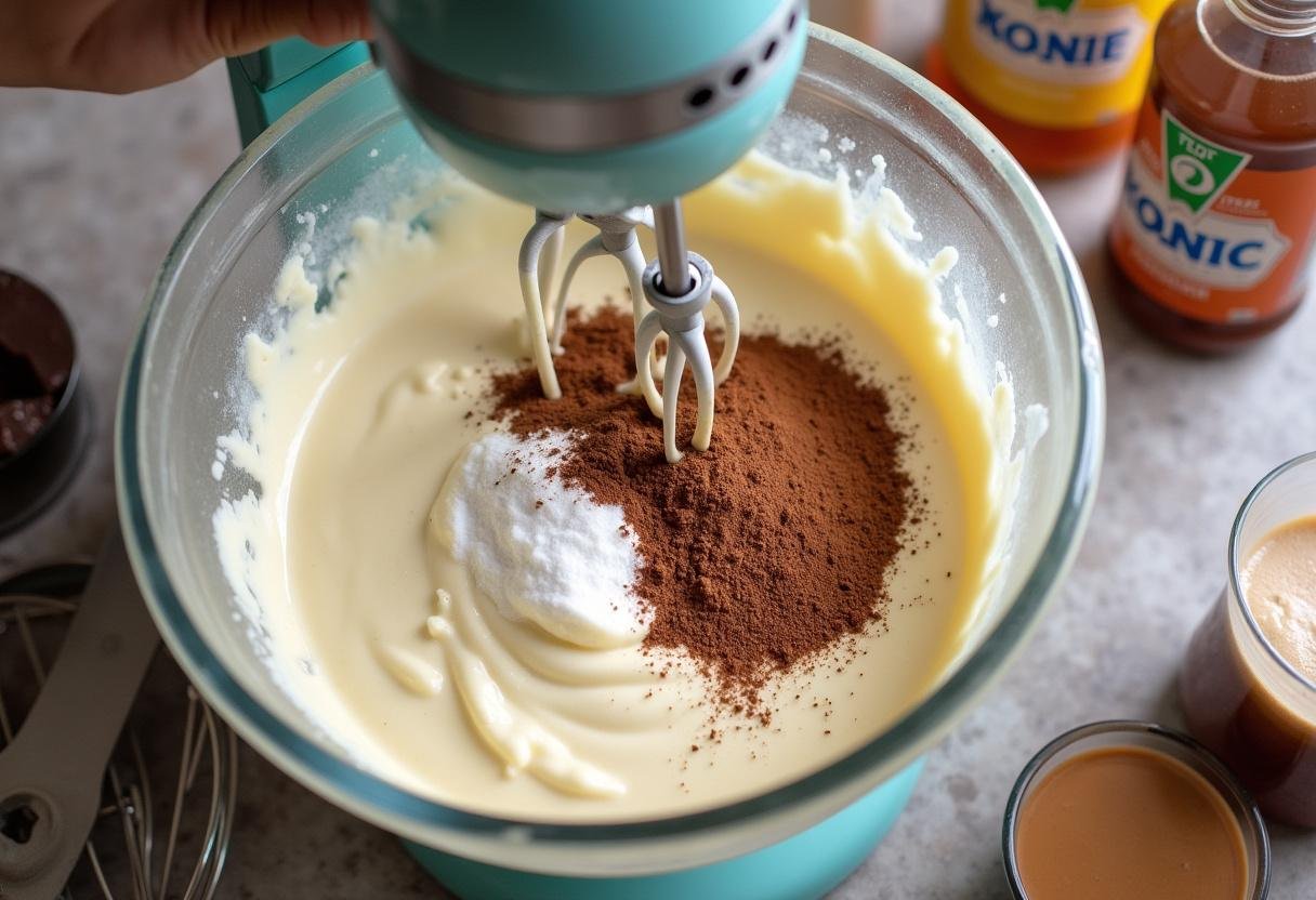 Blending cream cheese batter for the Forbidden Forest Dark Butterbeer Cheesecake with sugar and cocoa powder.
