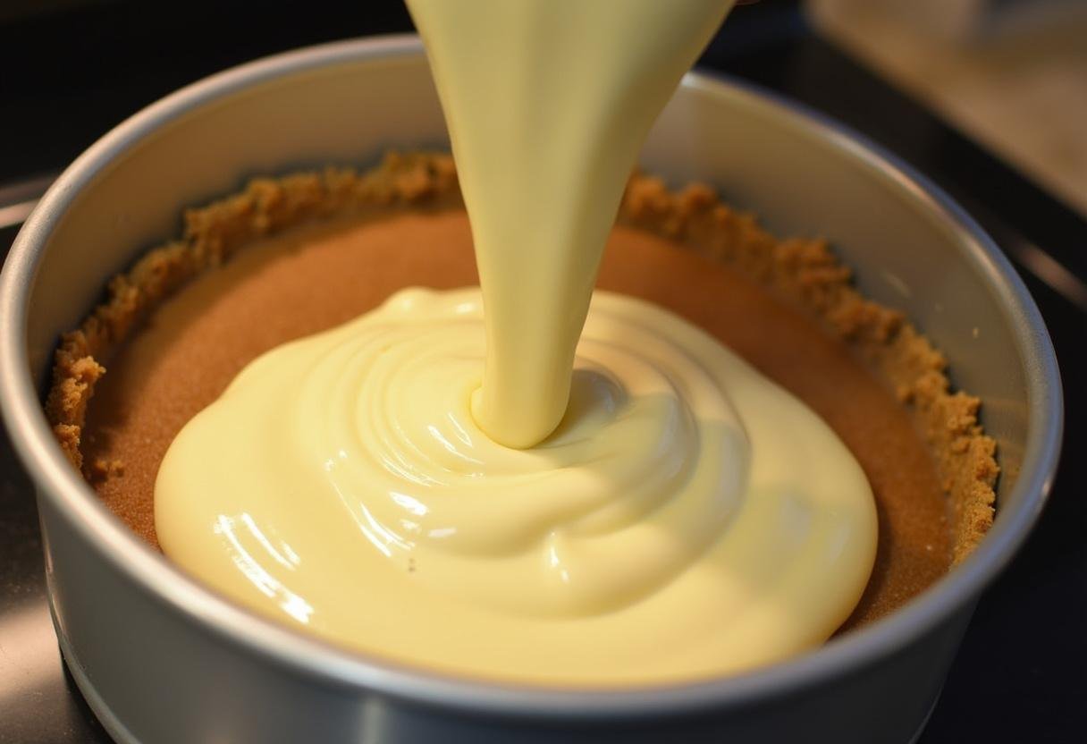 Pouring cheesecake filling over the crust for a Forbidden Forest Dark Butterbeer Cheesecake before baking.