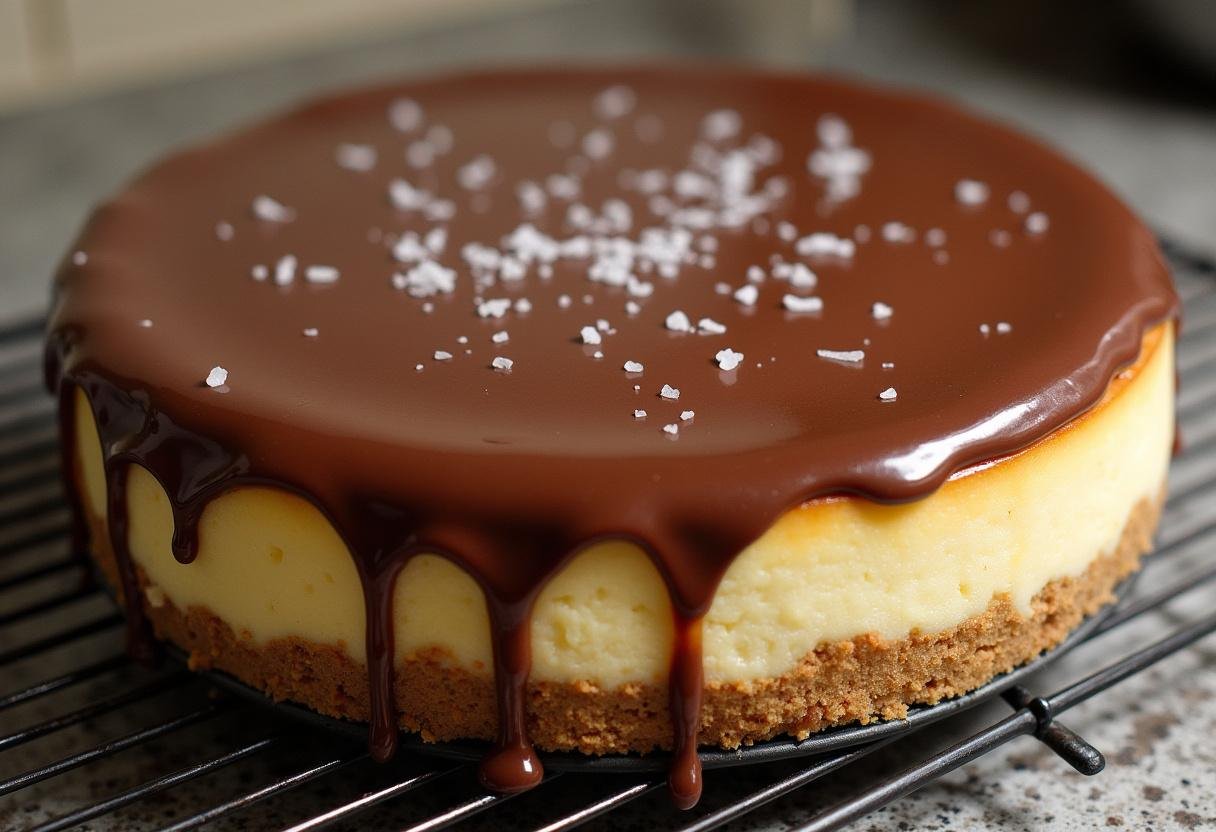 Cooling the Forbidden Forest Dark Butterbeer Cheesecake topped with chocolate ganache and butterscotch drizzle.