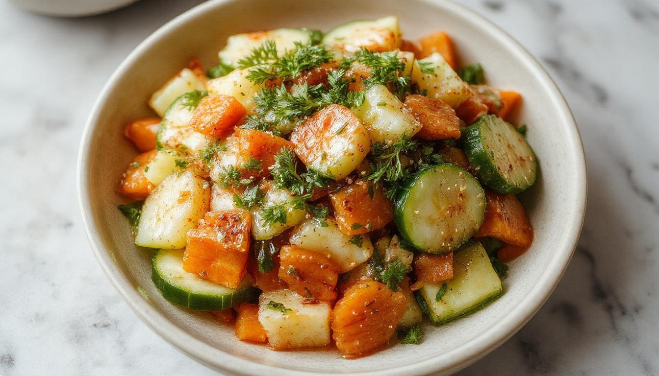 A vibrant Asian-inspired carrot cucumber salad served in a white bowl. The salad features julienned bright orange carrots, crisp green cucumber slices, and garnished with sesame seeds and fresh herbs. The colorful ingredients are arranged attractively against a rustic wooden background, highlighting the freshness and crunchiness of the vegetables.