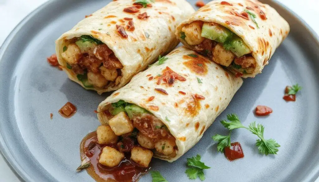 A vibrant Mediterranean wrap featuring a soft flatbread filled with plump chickpeas, crisp cucumber slices, fresh greens, and a drizzle of hummus, neatly rolled and sliced to reveal colorful ingredients inside.