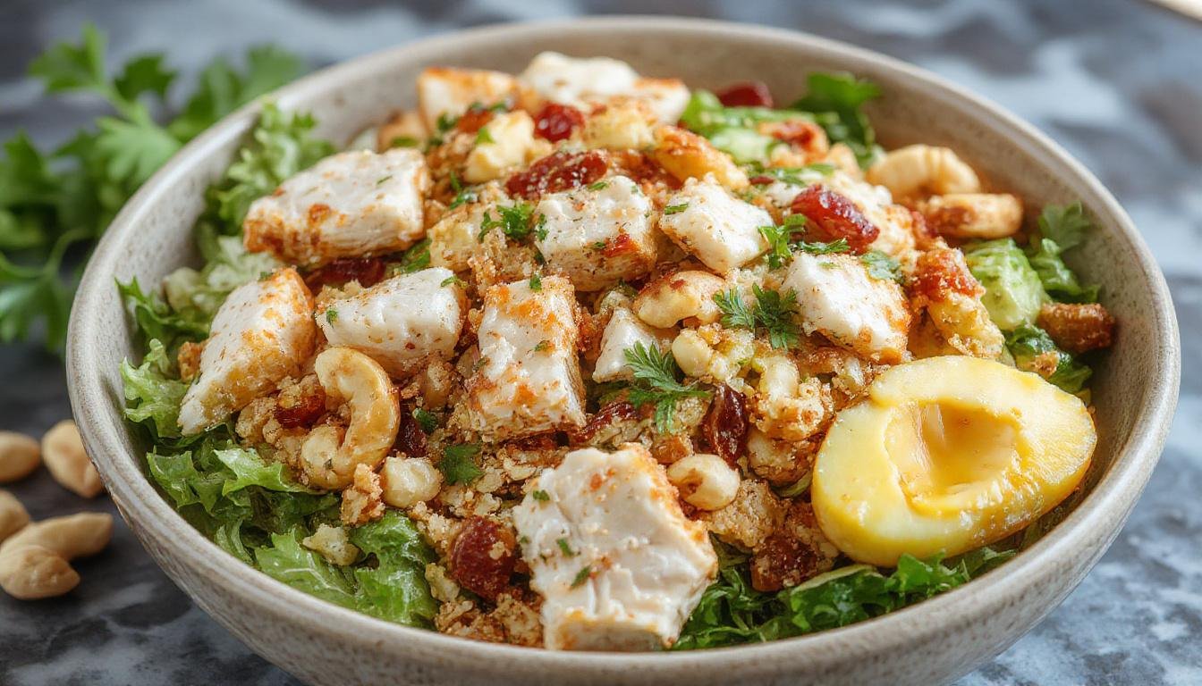 A vibrant plate of Chicken Cashew Crunch Salad featuring mixed greens topped with grilled chicken slices, roasted cashews, and colorful vegetables, all lightly tossed in a tangy dressing. The salad is garnished with fresh herbs and presented on a rustic white plate, highlighting its crisp textures and diverse colors.
