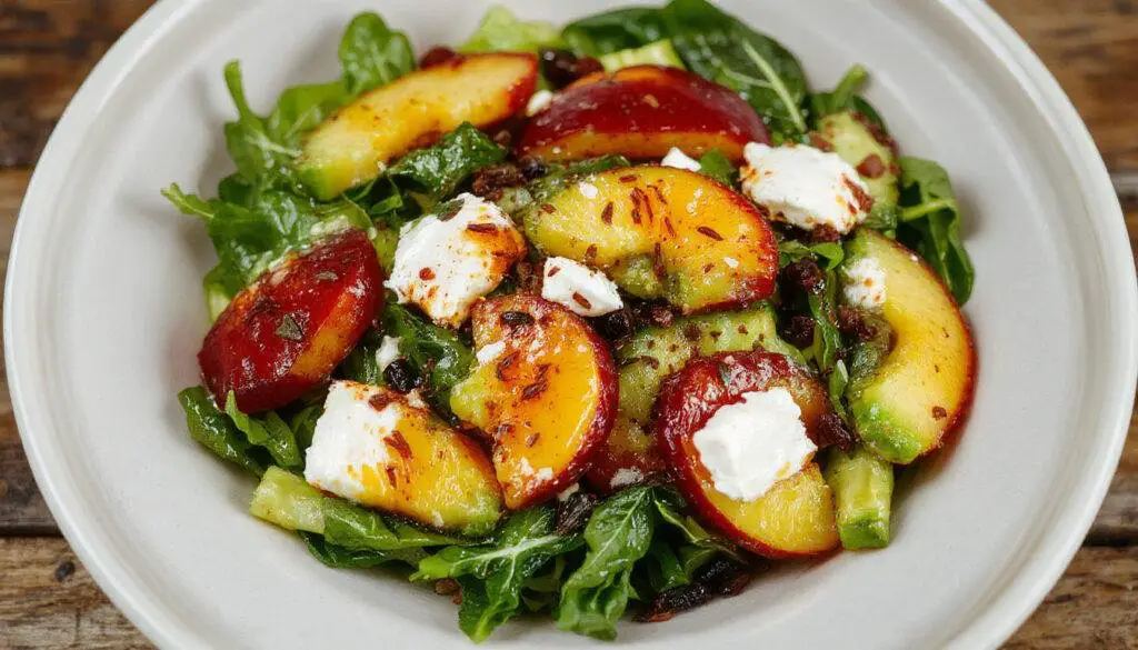A vibrant bowl of peach spinach salad featuring slices of ripe peaches, creamy avocado, crumbled goat cheese, and fresh spinach leaves. The colorful ingredients are beautifully arranged, with the peaches and avocados adding a warm, sunny hue against the rich green spinach, topped with a drizzle of dressing that glistens invitingly.