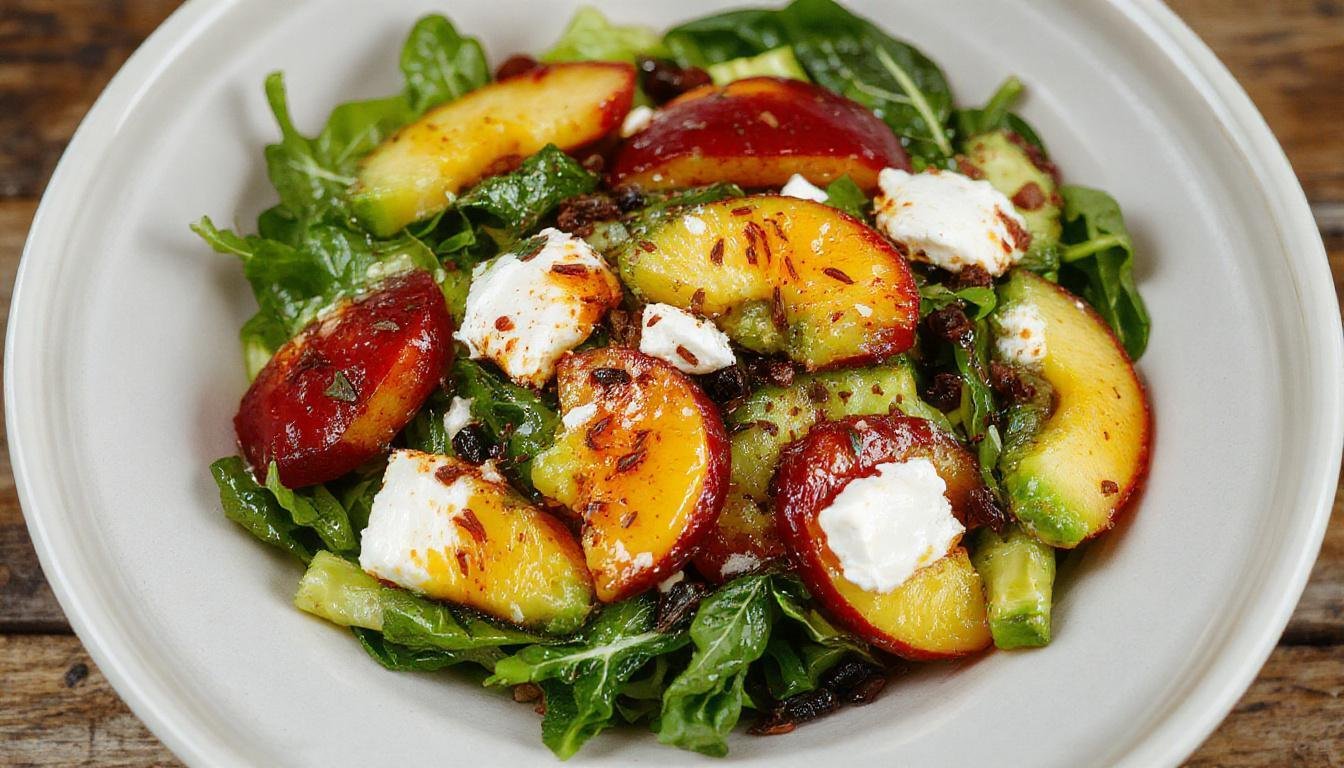 A vibrant bowl of peach spinach salad featuring slices of ripe peaches, creamy avocado, crumbled goat cheese, and fresh spinach leaves. The colorful ingredients are beautifully arranged, with the peaches and avocados adding a warm, sunny hue against the rich green spinach, topped with a drizzle of dressing that glistens invitingly.