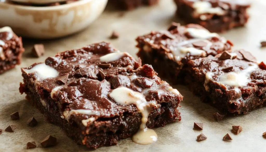 A close-up of a single slice of Greek yogurt brownie on a rustic wooden plate, showcasing its fudgy, moist texture with a rich dark chocolate color, topped with a light dusting of powdered sugar and a few fresh berries. The background features a blurred kitchen setting with a jar of Greek yogurt in the distance.