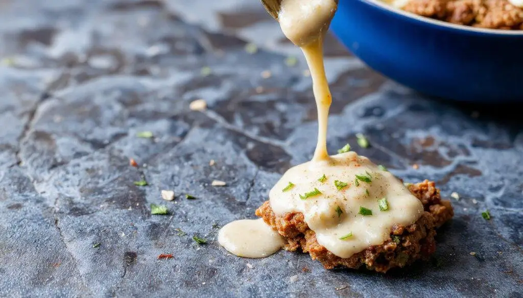A close-up of a plated ground beef meal featuring a neatly formed beef patty topped with melted cheese, accompanied by colorful vegetable sides, presented on a rustic wooden table with a fork and knife nearby. The dish has a golden-brown crust with a juicy interior, and the vibrant vegetables add a pop of color and freshness.