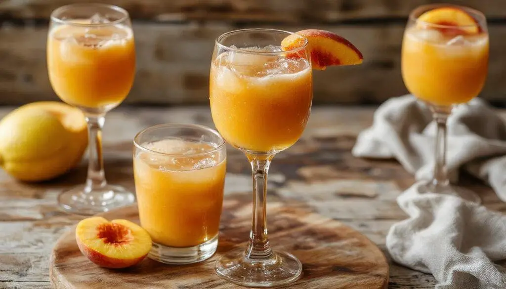 A tall, elegant glass filled with a vibrant, peach-colored frozen Bellini, garnished with a fresh peach slice and a sprig of mint. The drink has a slushy, icy texture with hints of orange and peach, presented on a sleek white plate with a blurred background of a summer outdoor setting.