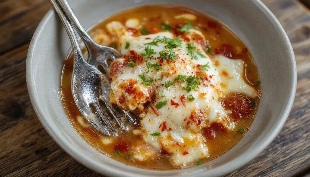 A vibrant bowl of Pizza Ramen featuring chewy ramen noodles topped with gooey melted mozzarella cheese, colorful pepperoni slices, fresh basil, and a rich tomato broth. The noodles are slightly submerged, with the cheese stretched invitingly over the toppings, garnished with herbs and spices for an appetizing look.