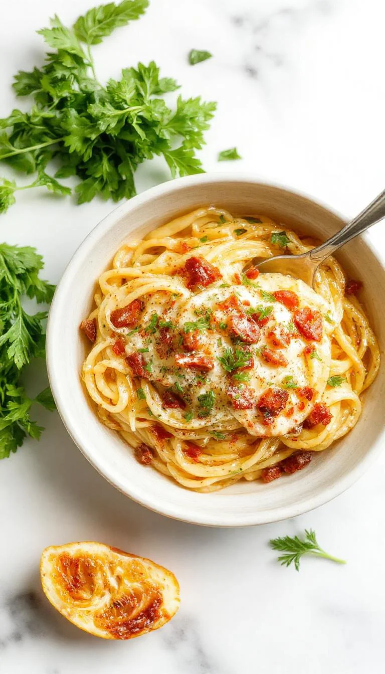 A close-up of a bowl of garlic butter pasta, featuring golden spaghetti coated in rich, glossy garlic butter sauce, garnished with chopped parsley and grated Parmesan, with a sprinkle of red pepper flakes for color contrast, presented on a rustic wooden table.