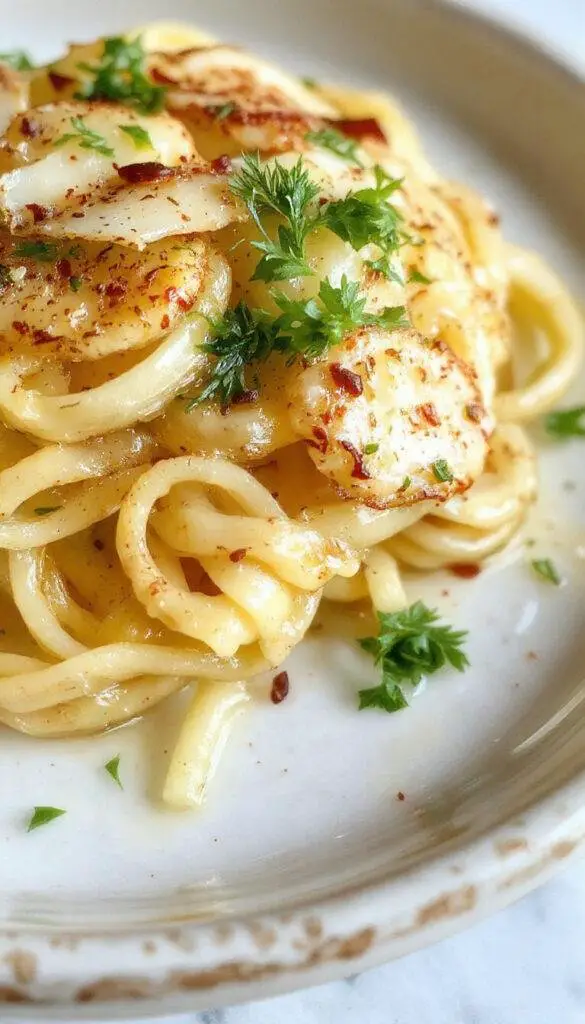 A close-up of Giada's Cacio e Pepe pasta garnished with freshly ground black pepper and grated Pecorino cheese, served on a white plate.