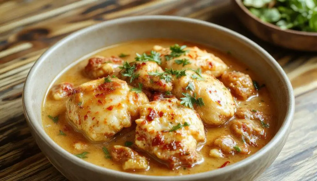 A rich, creamy chicken tikka masala served in a deep bowl, showcasing chunks of tender chicken coated in a vibrant orange-red sauce. Garnished with fresh cilantro and accompanied by a side of steamed rice and naan bread. The dish has a glossy, velvety texture, contrasting with the sprinkled herbs for color and freshness.