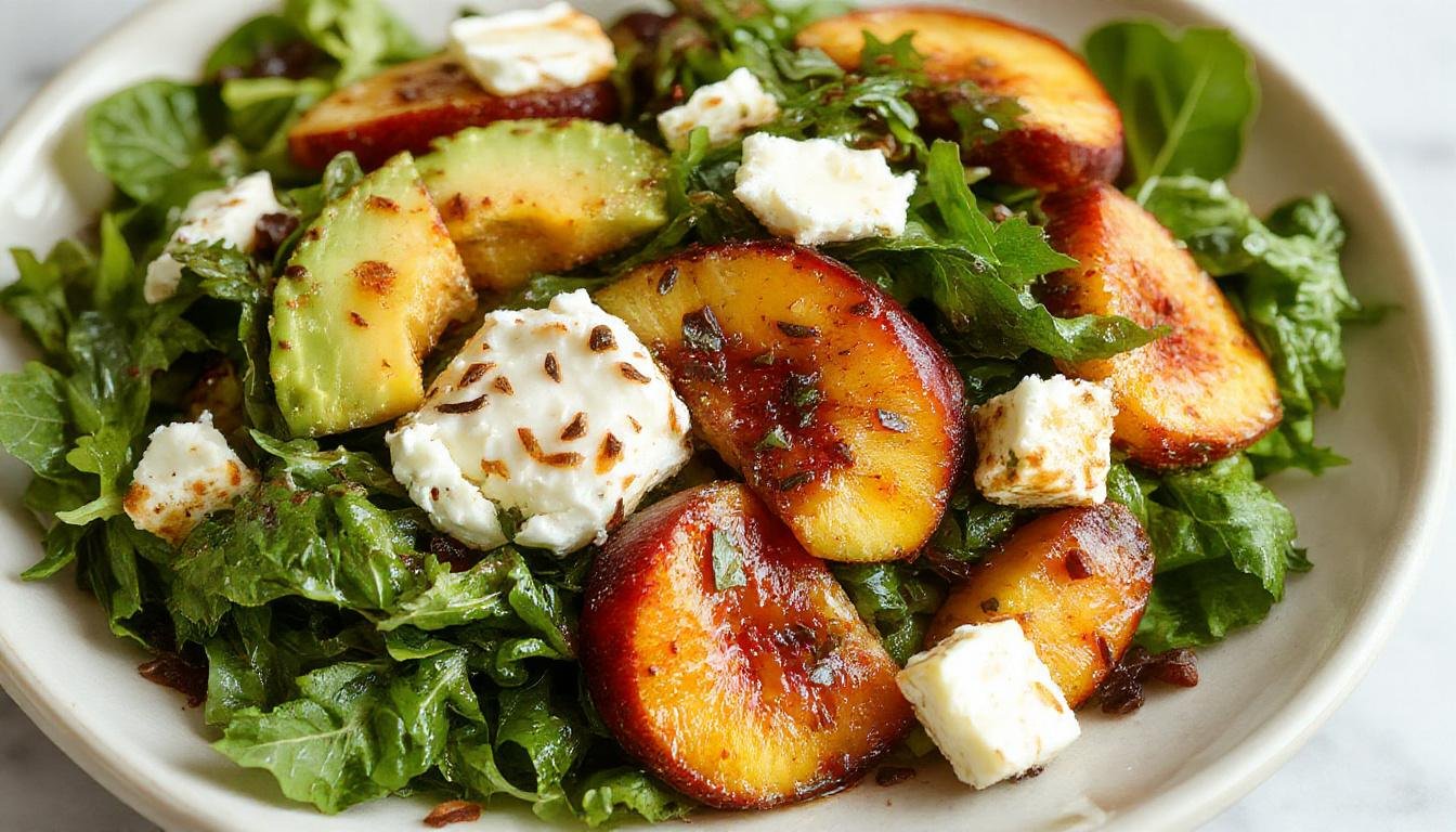 A vibrant salad featuring ripe peach slices with deep orange hues, fresh dark green spinach leaves, creamy avocados sliced in wedges, and crumbled goat cheese scattered on top. The salad is arranged on a white plate with a light drizzle of dressing, highlighting the contrasting colors and textures of the ingredients.