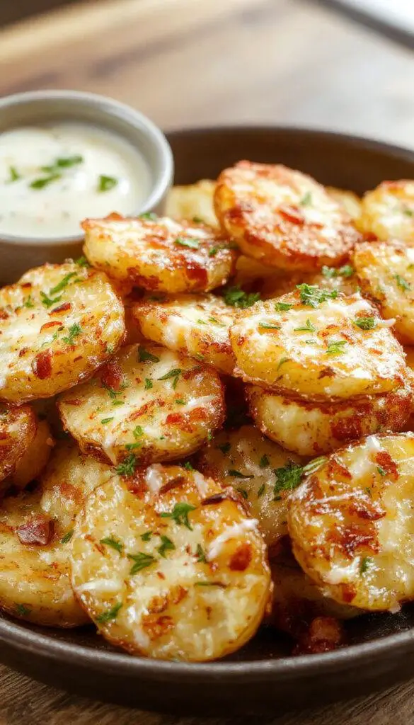 A plate of golden baked garlic parmesan potato wedges garnished with fresh parsley, crispy on the outside and cheesy on the inside.