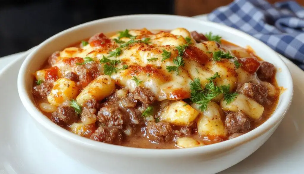 A hearty ground beef casserole served in a rustic ceramic dish. The dish features a golden-brown cheesy crust on top, with visible chunks of seasoned ground beef and cooked vegetables peeking through. The casserole is garnished with fresh herbs and presented on a warm wooden table, evoking a comforting, home-cooked atmosphere.