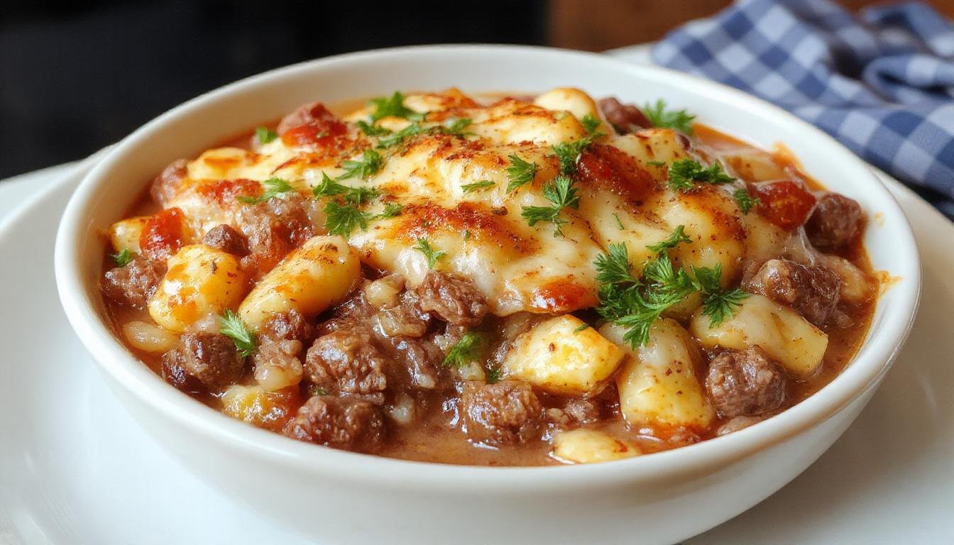 A hearty ground beef casserole served in a rustic ceramic dish. The dish features a golden-brown cheesy crust on top, with visible chunks of seasoned ground beef and cooked vegetables peeking through. The casserole is garnished with fresh herbs and presented on a warm wooden table, evoking a comforting, home-cooked atmosphere.