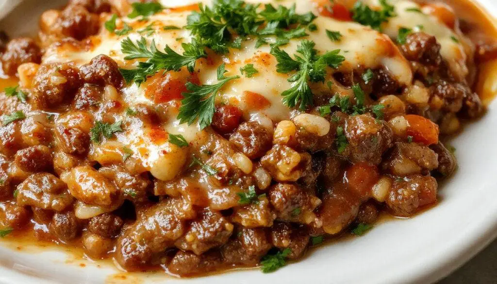 A steaming plate of hearty ground beef casserole topped with melted cheese and fresh chopped parsley, served in a rustic ceramic dish with a golden-brown crust and vibrant green garnish, showcasing its rich, savory layers.