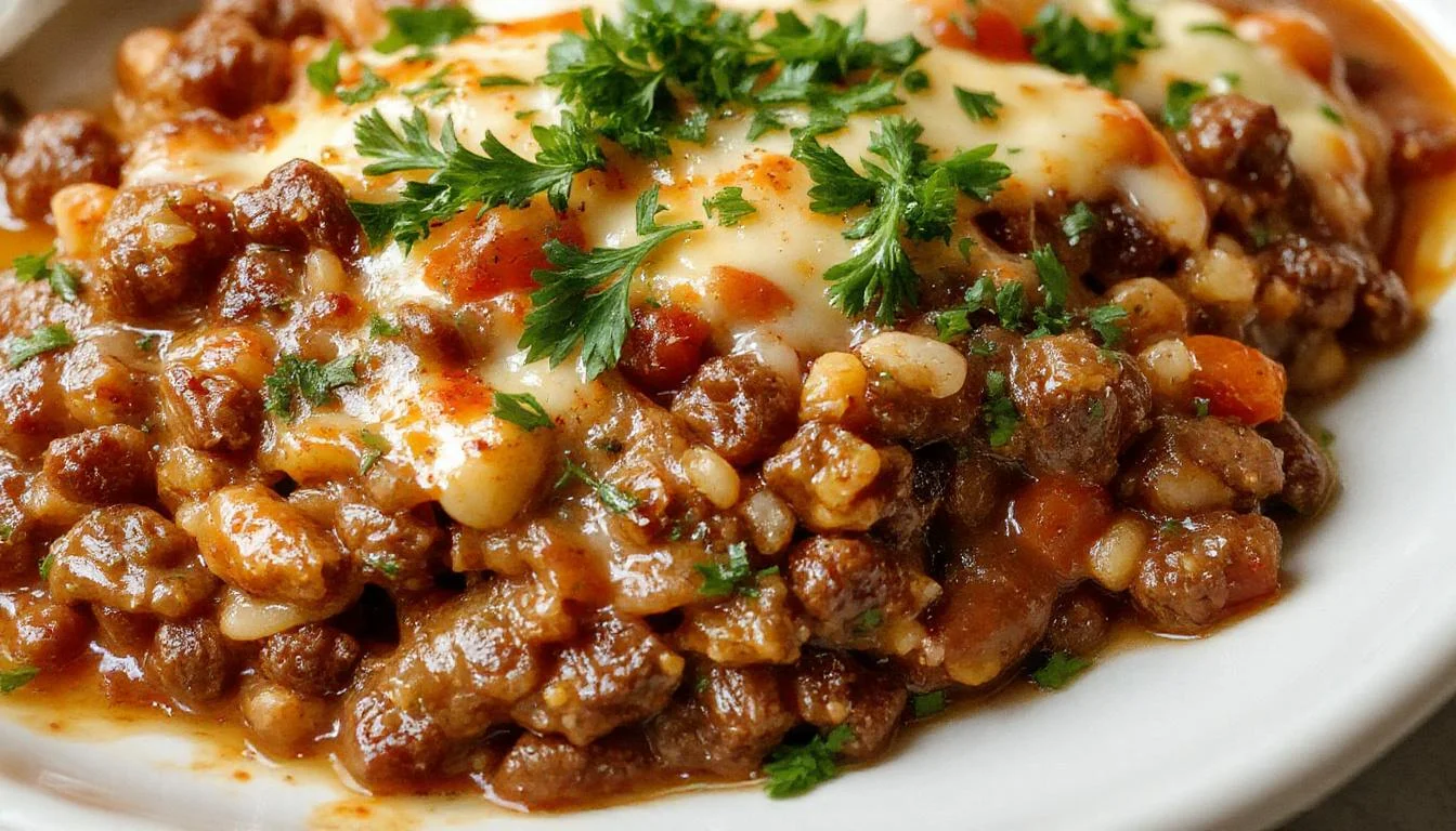 A steaming plate of hearty ground beef casserole topped with melted cheese and fresh chopped parsley, served in a rustic ceramic dish with a golden-brown crust and vibrant green garnish, showcasing its rich, savory layers.