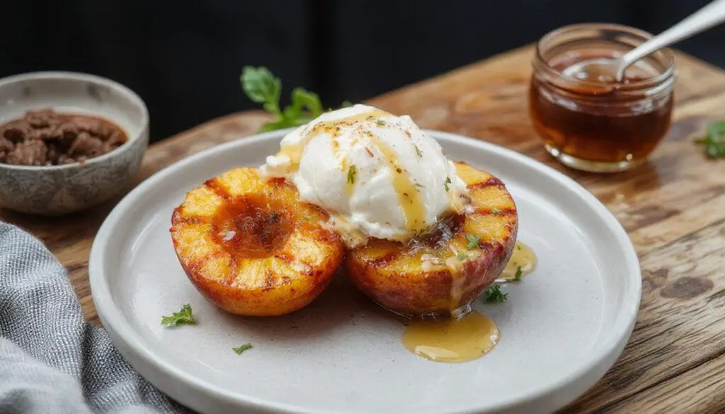 A close-up shot of two caramelized grilled peaches halved and placed on a white plate, topped with a scoop of vanilla ice cream that is slowly melting, drizzled with golden honey. The peaches have grill marks that contrast with the soft, juicy flesh, and the presentation is elegant yet inviting, highlighting the warm and cool elements of the dessert.
