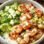A vibrant bowl featuring grilled shrimp, sliced avocado, colorful zesty corn salsa, and a drizzle of creamy sauce on a summer-themed table.