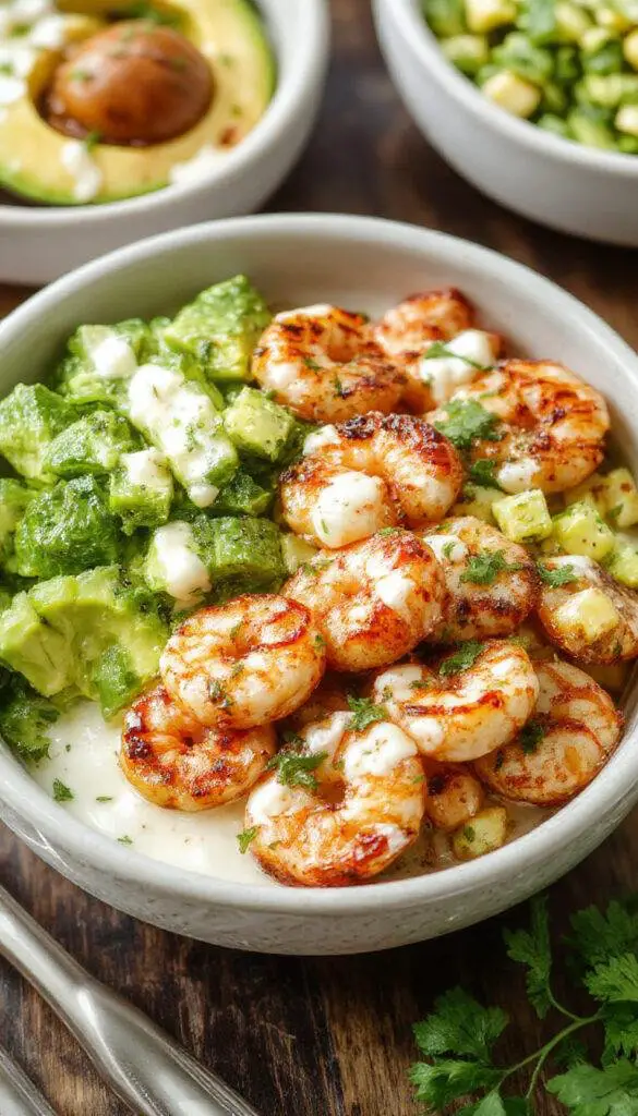 A vibrant bowl featuring grilled shrimp, sliced avocado, colorful zesty corn salsa, and a drizzle of creamy sauce on a summer-themed table.