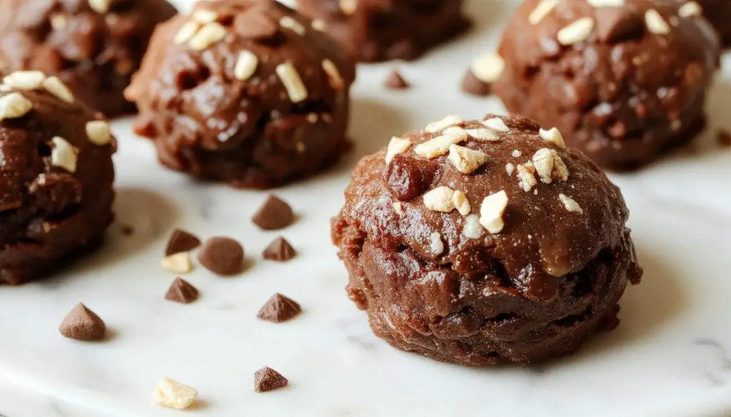 Close-up of three chocolate protein brownie bites arranged on a white plate, showcasing their dense, fudgy texture with a glossy surface and a slightly cracked top, garnished with a sprinkle of crushed nuts and cocoa powder, set against a rustic wooden background.