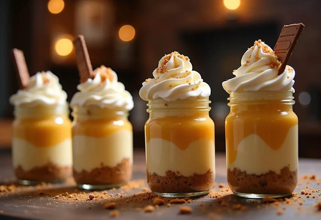 Showcasing finished Harry Potter Butterbeer Cheesecake Jars with rich layers and delightful flavors for Harry Potter fans