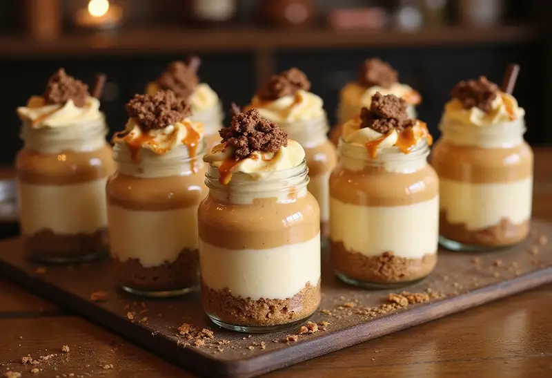 Showcasing finished Harry Potter Butterbeer Cheesecake Jars with rich layers and delightful flavors for Harry Potter fans