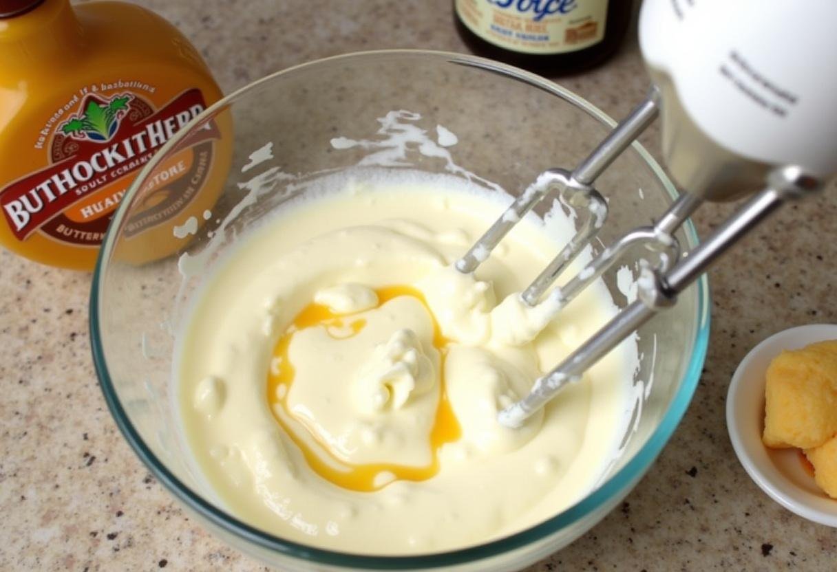 Making Harry Potter Butterbeer Cheesecake Jars with cream cheese and butterscotch sauce for a flavorful mix