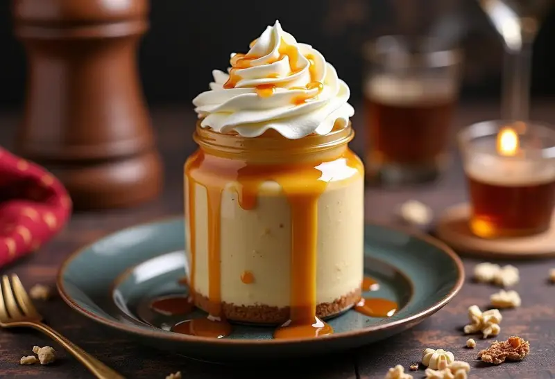 Finishing touches on Harry Potter Butterbeer Cheesecake Jars with whipped cream and butterscotch drizzle for an enchanting dessert