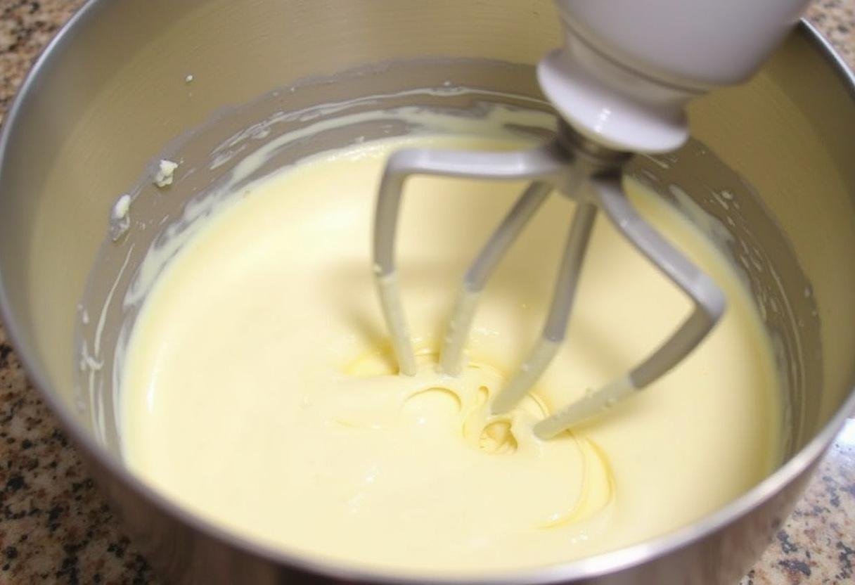 Mixing the cream cheese and sugar for Harry Potter Butterbeer Cheesecake Parfaits, a delightful dessert inspired by the wizarding world.