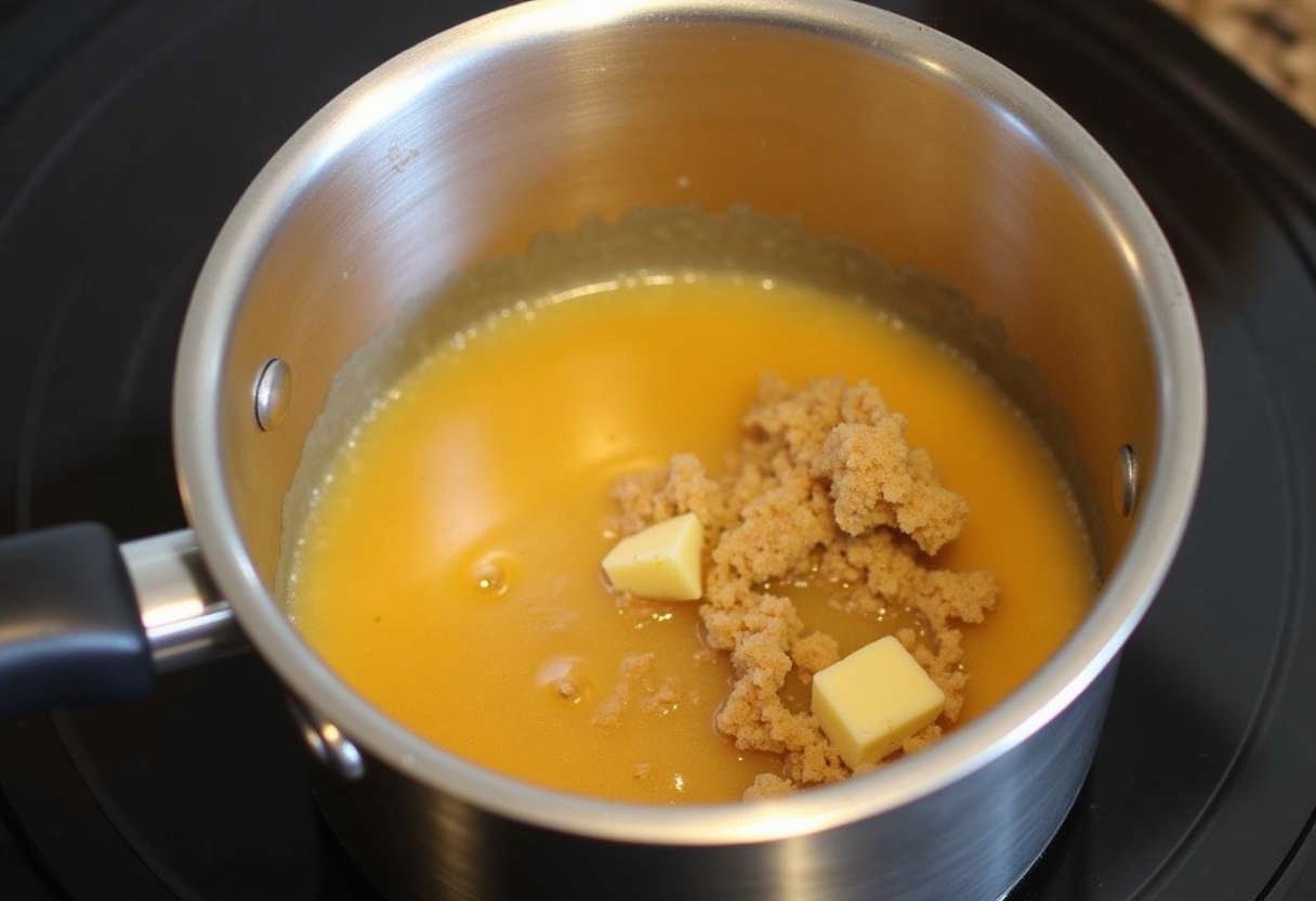 Cooking butterscotch sauce for Harry Potter Butterbeer Cheesecake Parfaits, capturing the essence of this magical dessert.