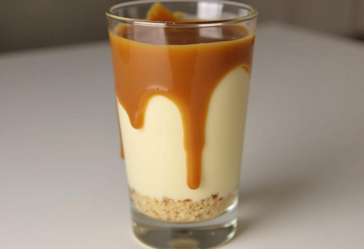Assembling Harry Potter Butterbeer Cheesecake Parfaits in a glass, showcasing the beautiful layers of cheesecake and butterscotch.