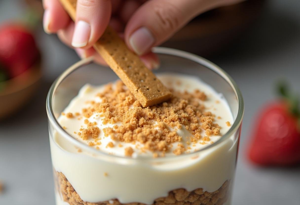 Finishing the Harry Potter Butterbeer Cheesecake Parfaits with graham cracker crumbs, enhancing the texture and flavor.