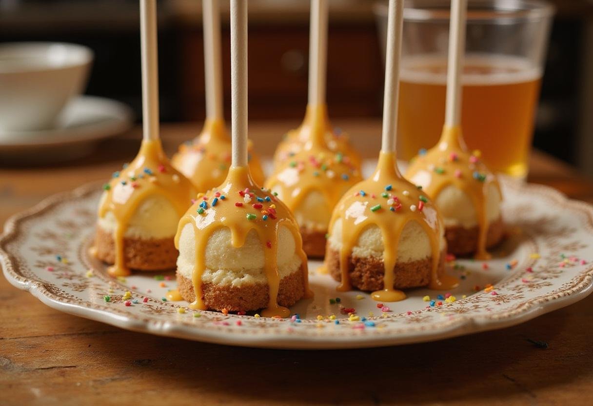Deliciously finished Harry Potter Butterbeer Cheesecake Pops with Golden Butterscotch Drizzle beautifully arranged on a plate.
