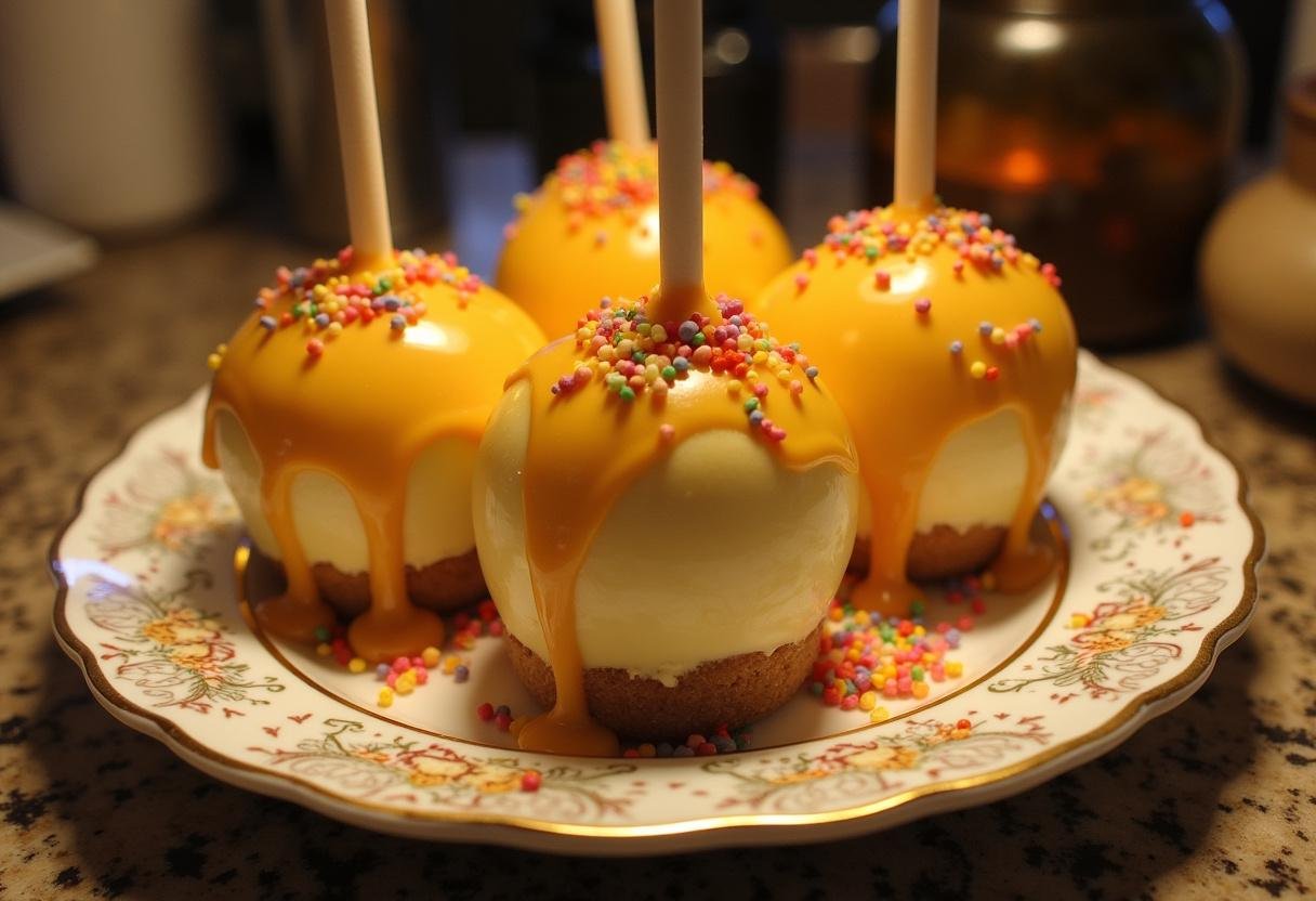 Deliciously finished Harry Potter Butterbeer Cheesecake Pops with Golden Butterscotch Drizzle beautifully arranged on a plate.