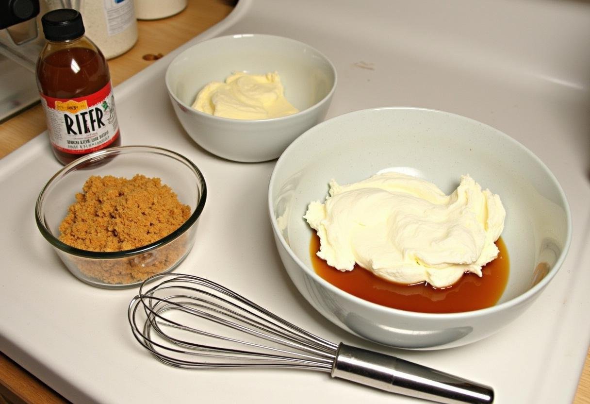 Ingredients for making Harry Potter Butterbeer Cheesecake Pops with Golden Butterscotch Drizzle displayed on the counter, including cream cheese and butterscotch sauce.
