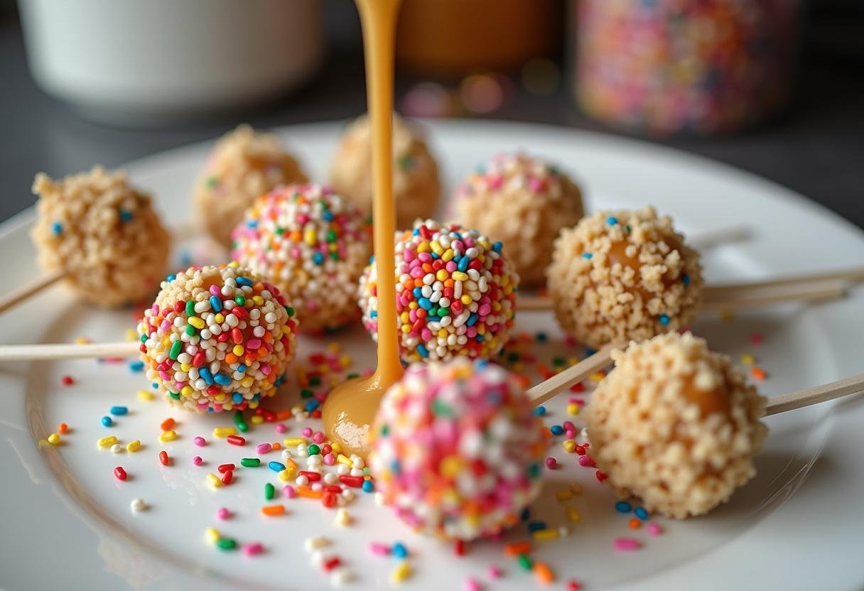 Preparation for Harry Potter Butterbeer Cheesecake Pops, with crushed toppings and butterscotch drizzle being added for a magical touch.