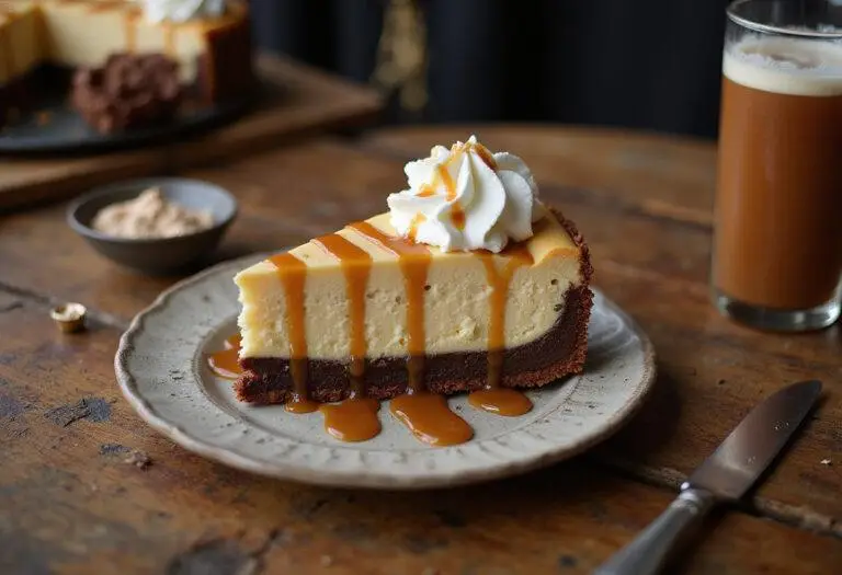 Final presentation of Harry Potter Chocolate Bottom Butterbeer Cheesecake slice, showcasing its delectable layers and magical appeal.