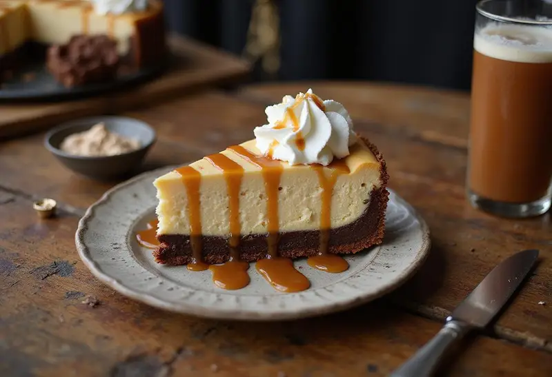 Final presentation of Harry Potter Chocolate Bottom Butterbeer Cheesecake slice, showcasing its delectable layers and magical appeal.