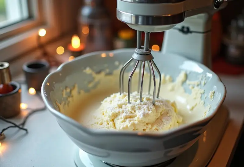 Whipped cream cheese mixture for Harry Potter Chocolate Bottom Butterbeer Cheesecake created in a magical-themed kitchen.