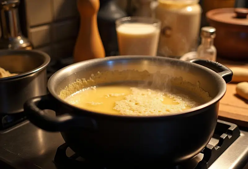 Simmering butterbeer mixture for Harry Potter Chocolate Bottom Butterbeer Cheesecake in a magical kitchen setting.